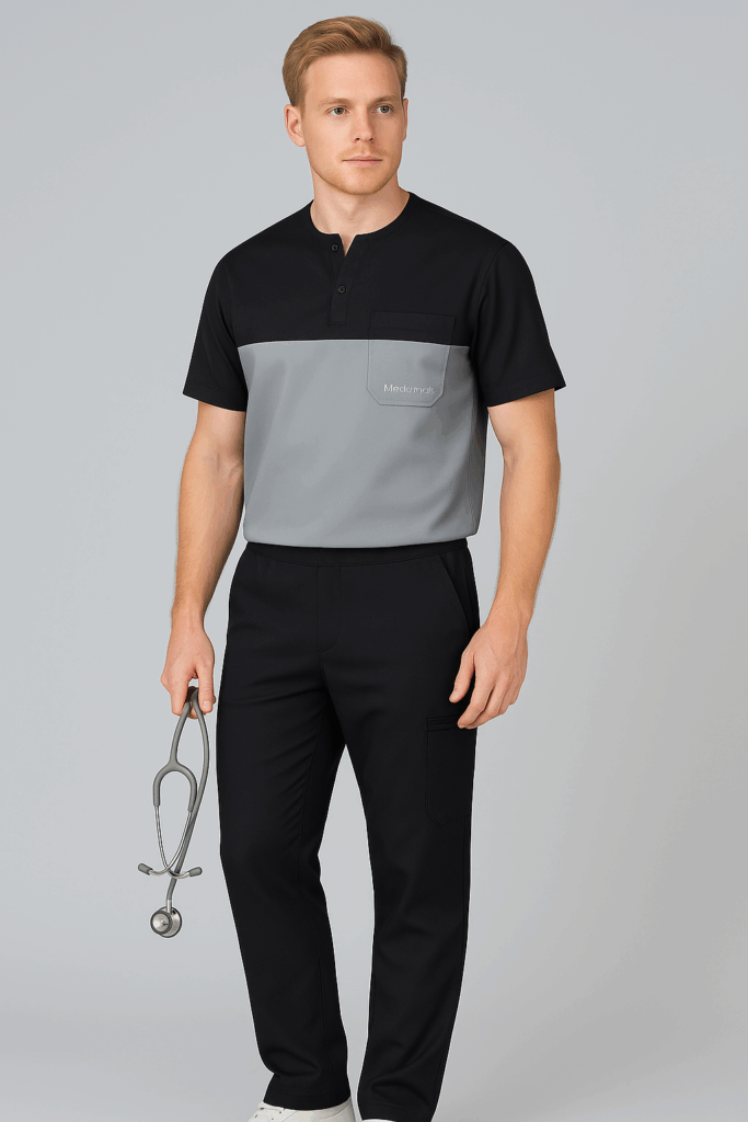 Medomode Zenith scrub top on model, front view — designed and manufactured in the USA with certified fabrics