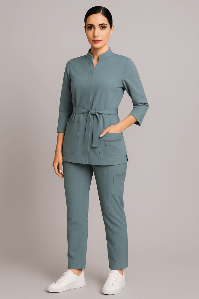 Medomode Portico scrub top on model, front view — architectural seams, USA-made with certified fabrics